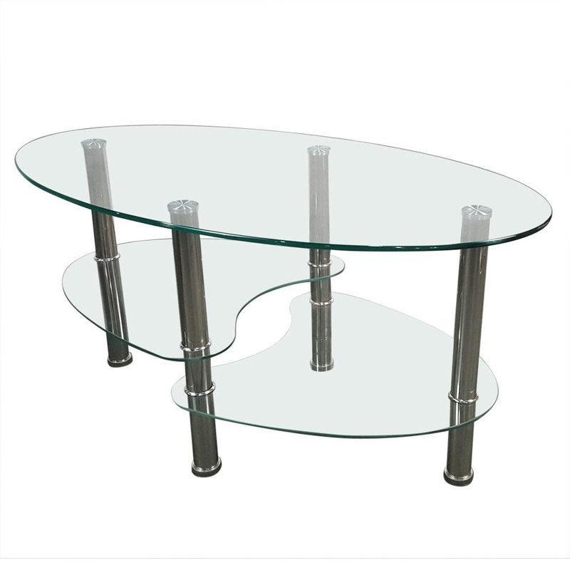 Şeffaf Temperli Cam İki Raflı Oval Modern Cam Sehpa-90x50x45 cm - 117702