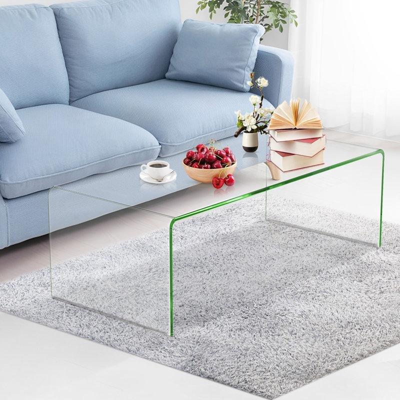 Şeffaf Temperli Cam Kızak Ayaklı Köşeleri Yuvarlatılmış Cam Sehpa-36x108x51 cm - 117153