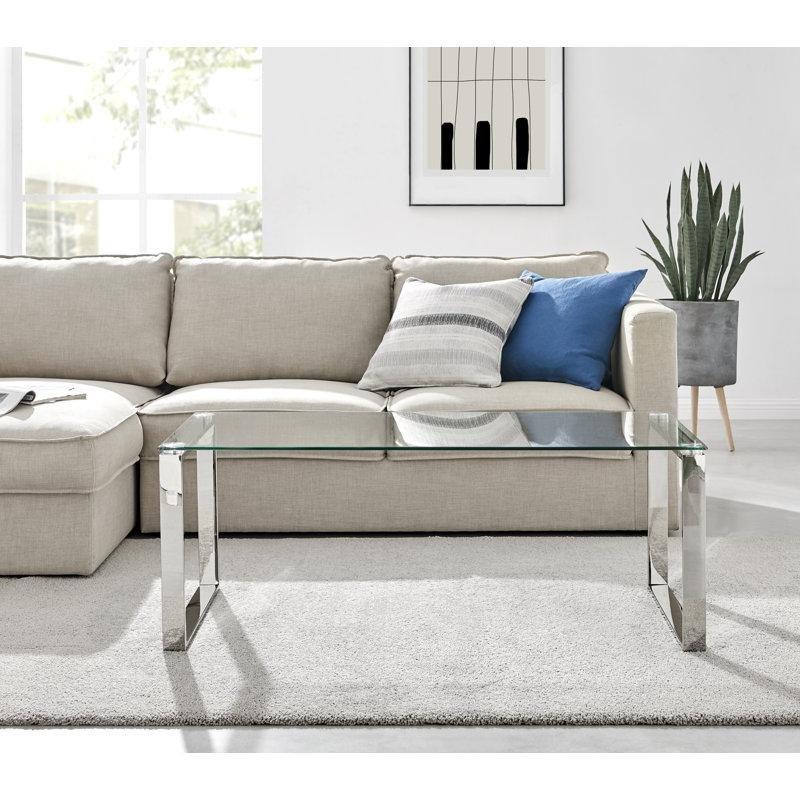 Şeffaf Temperli Cam Krom Çelik Kızak Ayaklı Aynalı Cam Sehpa-45x120x60 cm - 117120