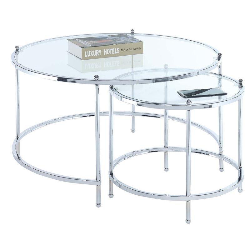 Şeffaf Temperli Cam Krom Metal İkili İç İçe Cam Sehpa-47x87x87 cm - 117243