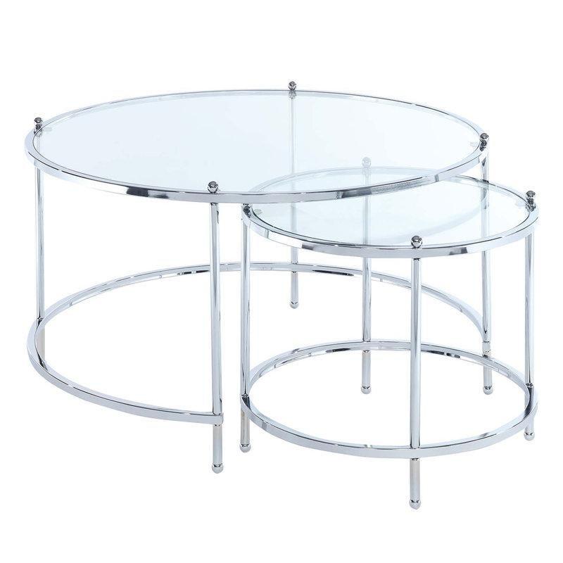 Şeffaf Temperli Cam Krom Metal İkili İç İçe Cam Sehpa-47x87x87 cm - 117243