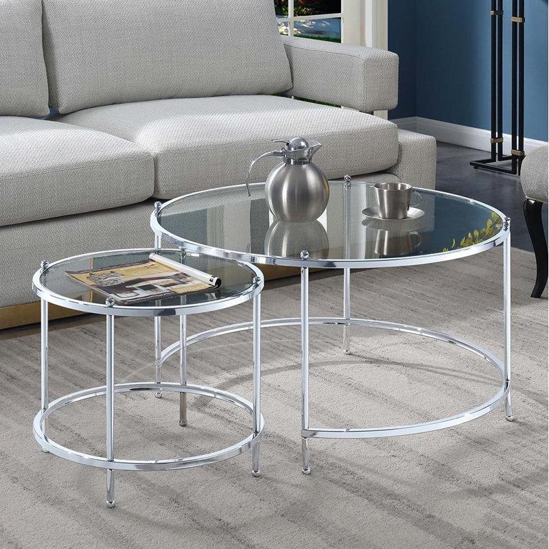 Şeffaf Temperli Cam Krom Metal İkili İç İçe Cam Sehpa-47x87x87 cm - 117243