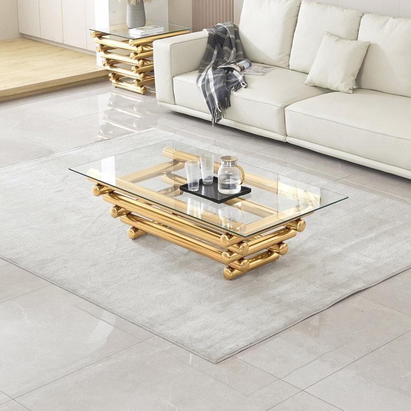 Şeffaf Temperli Cam Paslanmaz Çelik Geometrik Ceviz Cam Sehpa-40x140x71 cm - 117321