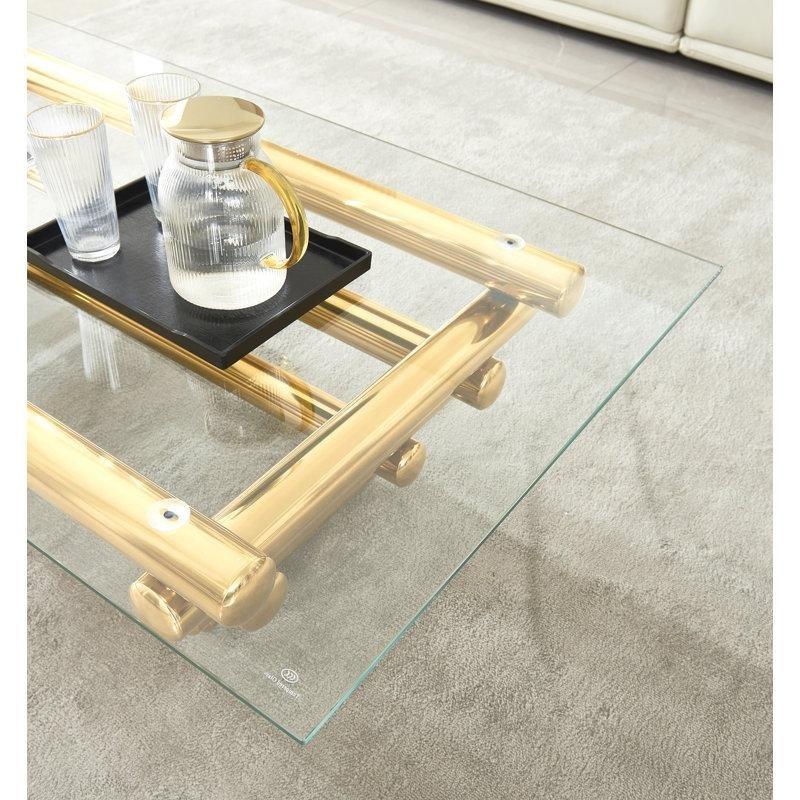 Şeffaf Temperli Cam Paslanmaz Çelik Geometrik Ceviz Cam Sehpa-40x140x71 cm - 117321