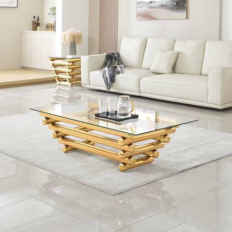 Şeffaf Temperli Cam Paslanmaz Çelik Geometrik Ceviz Cam Sehpa-40x140x71 cm - 117321