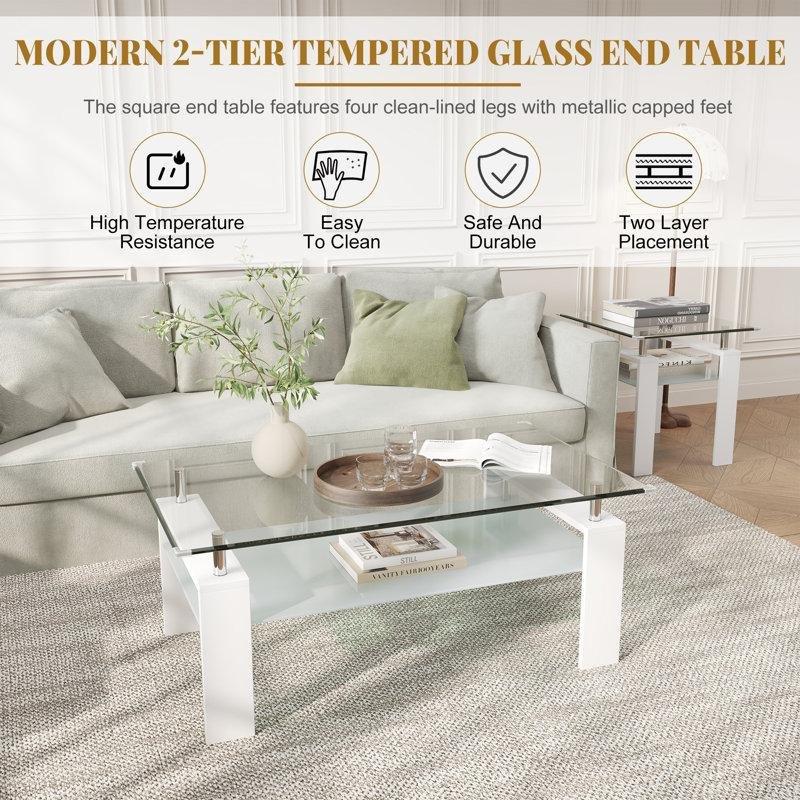 Şeffaf Temperli Cam Raflı Ferforje Cam Sehpa-95x55x40 cm - 117435