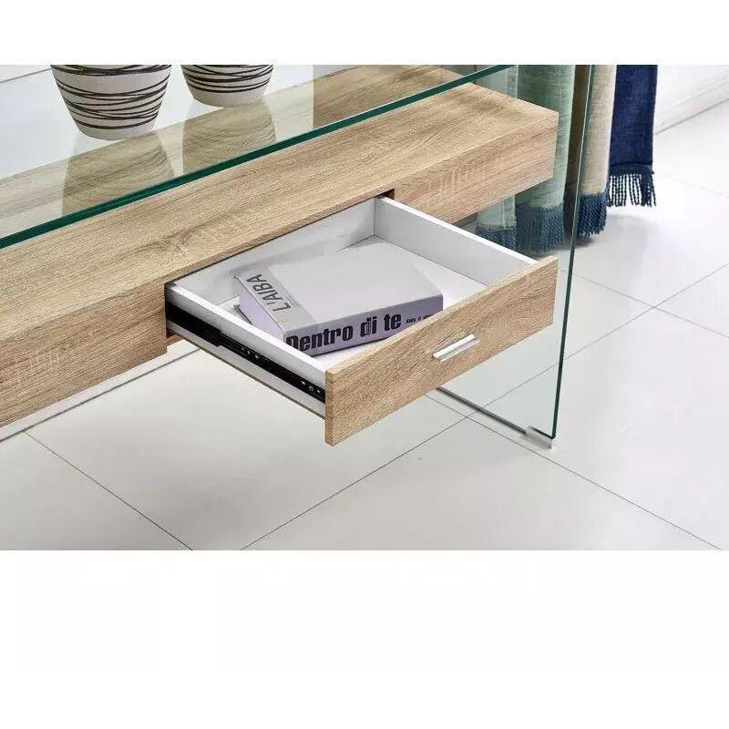 Şeffaf Temperli Cam ve Meşe Görünümlü Çekmeceli Dresuar - 125x40x76 cm - 133707