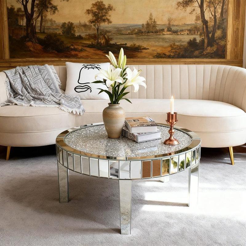 Silver Aynalı Cam Kırma Kristal İşlemeli Cam Sehpa-45x80x80 cm - 117003