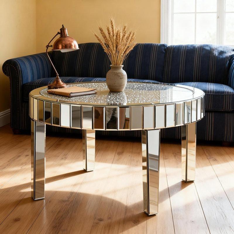 Silver Aynalı Cam Kırma Kristal İşlemeli Cam Sehpa-45x80x80 cm - 117003