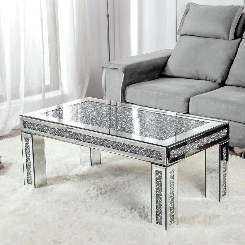 Silver Aynalı Cam Parıltılı Kristal Detaylı Cam Sehpa-41x111x61 cm - 117117