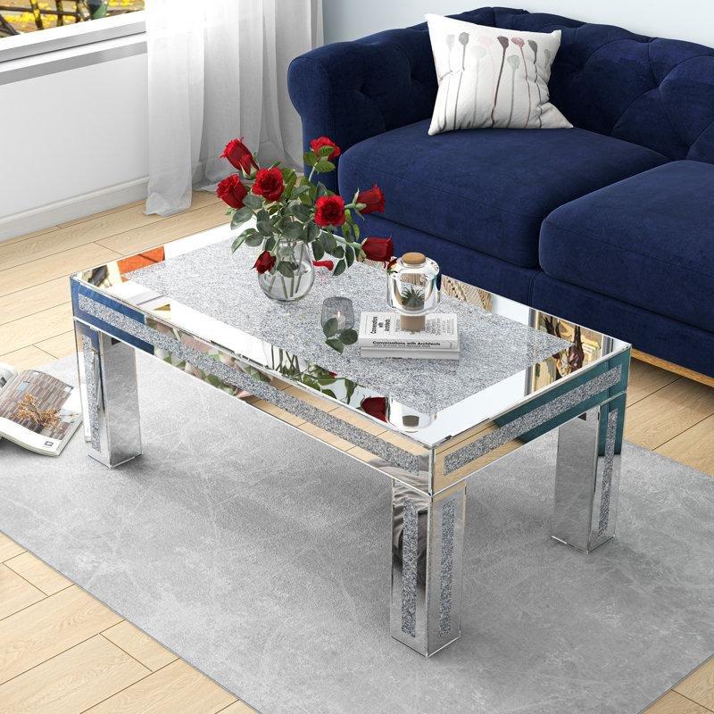 Silver Aynalı Cam Parıltılı Kristal Detaylı Cam Sehpa-41x111x61 cm - 117117