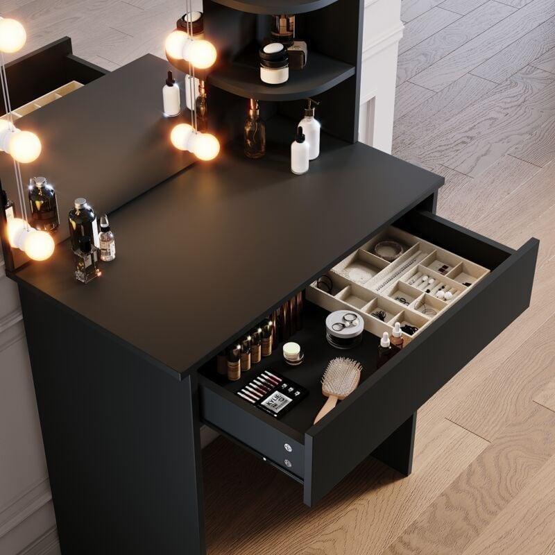 Siyah 10 LED Işıklı Aynalı Raflı Çekmeceli Makyaj Masası - 70x40x140 cm - 122089