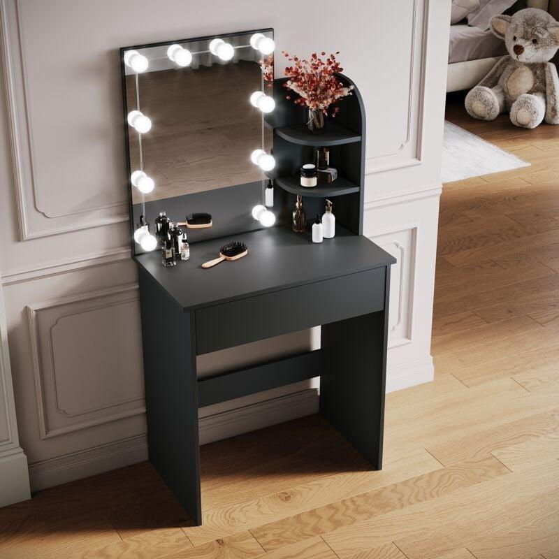 Siyah 10 LED Işıklı Aynalı Raflı Çekmeceli Makyaj Masası - 70x40x140 cm - 122089