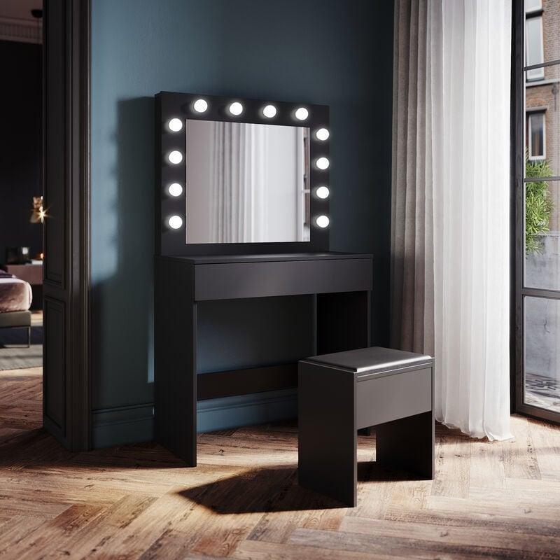 Siyah 12 LED Işıklı Aynalı Çekmeceli Tabureli Makyaj Masası - 80x40x140 cm - 122092