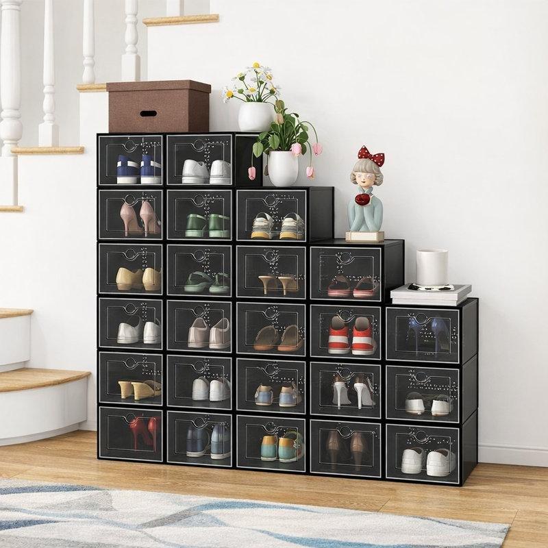 Siyah 24%27lü İstiflenebilir Şeffaf Kapaklı Plastik Ayakkabılık - 25x36x19 cm - 121057