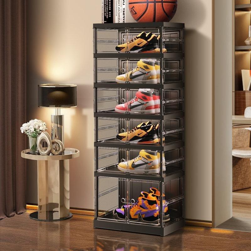 Siyah 6 Katlı Katlanabilir Şeffaf Kapaklı Tekerlekli Plastik Ayakkabılık - 44x35x118 cm - 121009