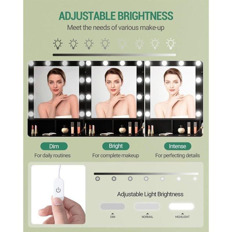 Siyah Ahşap 10 LED Işıklı Aynalı Çekmeceli ve Dolaplı Makyaj Masası - 80x40x140 cm - 122212