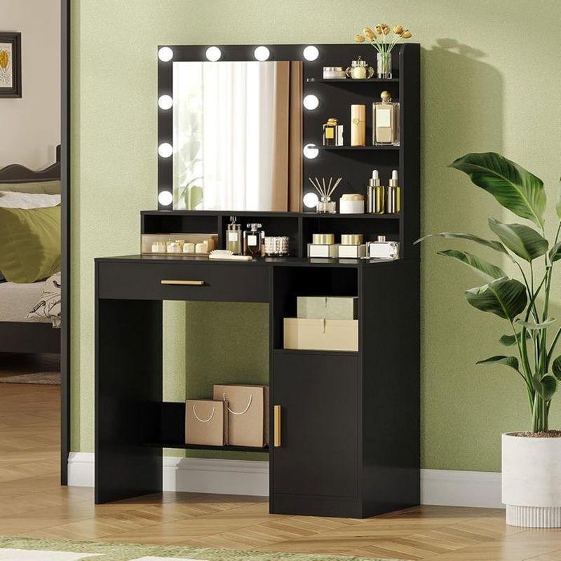 Siyah Ahşap 10 LED Işıklı Aynalı Çekmeceli ve Dolaplı Makyaj Masası - 80x40x140 cm - 122212
