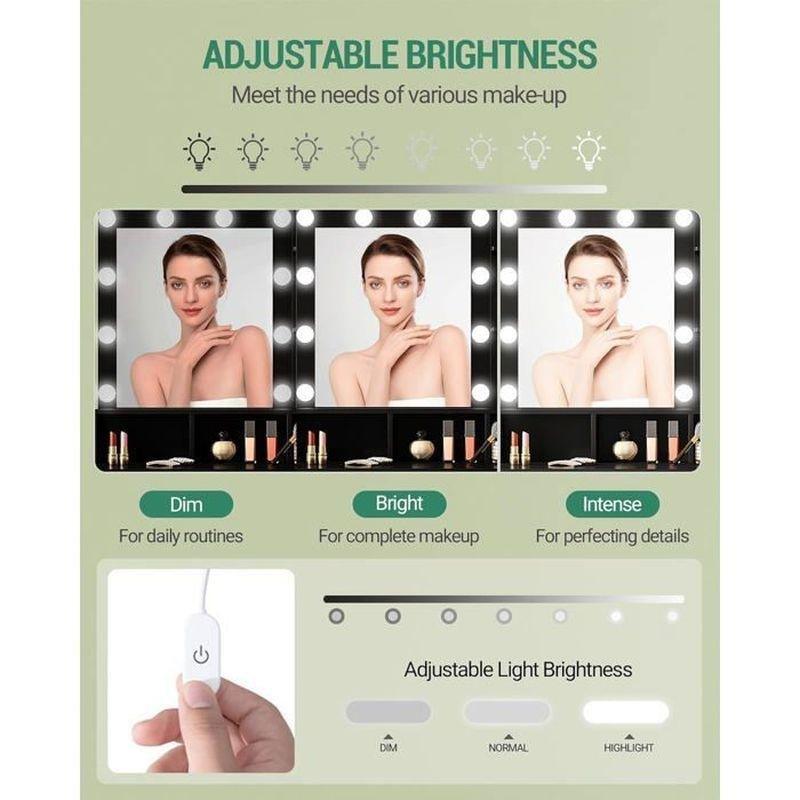 Siyah Ahşap 10 LED Işıklı Aynalı Dolaplı Çekmeceli Makyaj Masası - 80x40x140 cm - 122200