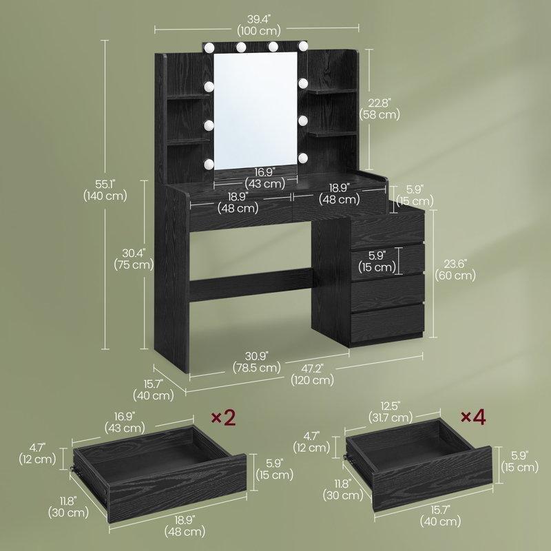 Siyah Ahşap 10 LED Işıklı ve 6 Çekmeceli Aynalı Makyaj Masası - 100 cm - 121660