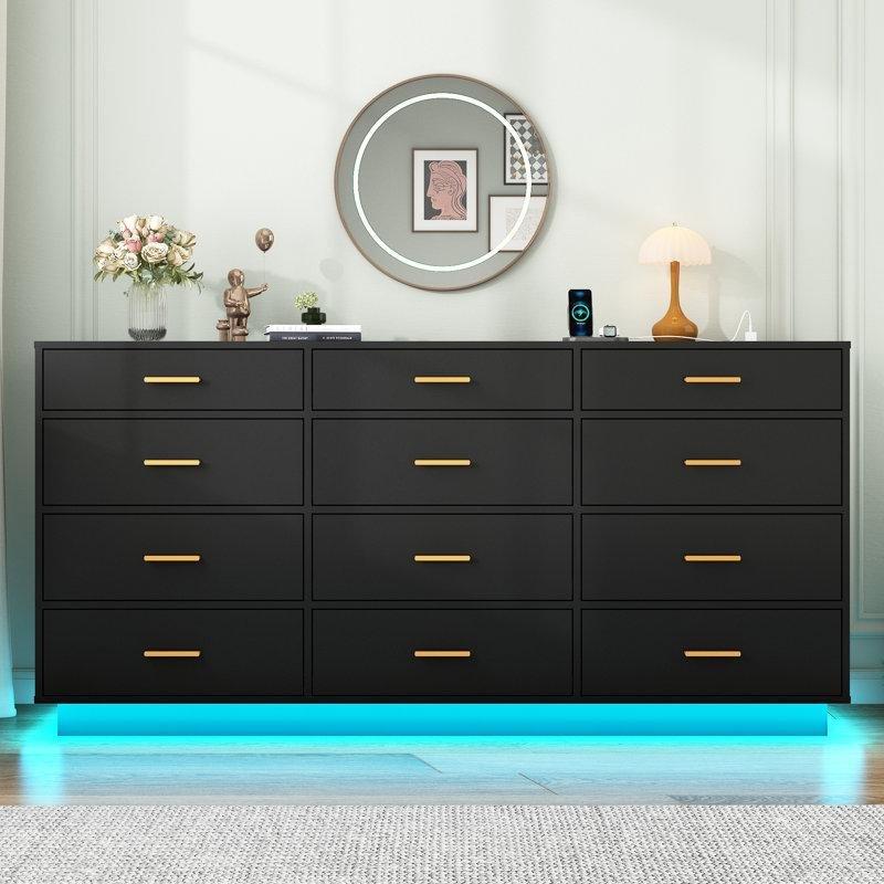 Siyah Ahşap 12 Çekmeceli LED Işıklı ve Şarj İstasyonlu Şifonyer - 160 cm - 122608