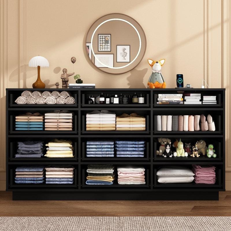 Siyah Ahşap 12 Çekmeceli LED Işıklı ve Şarj İstasyonlu Şifonyer - 160 cm - 122608