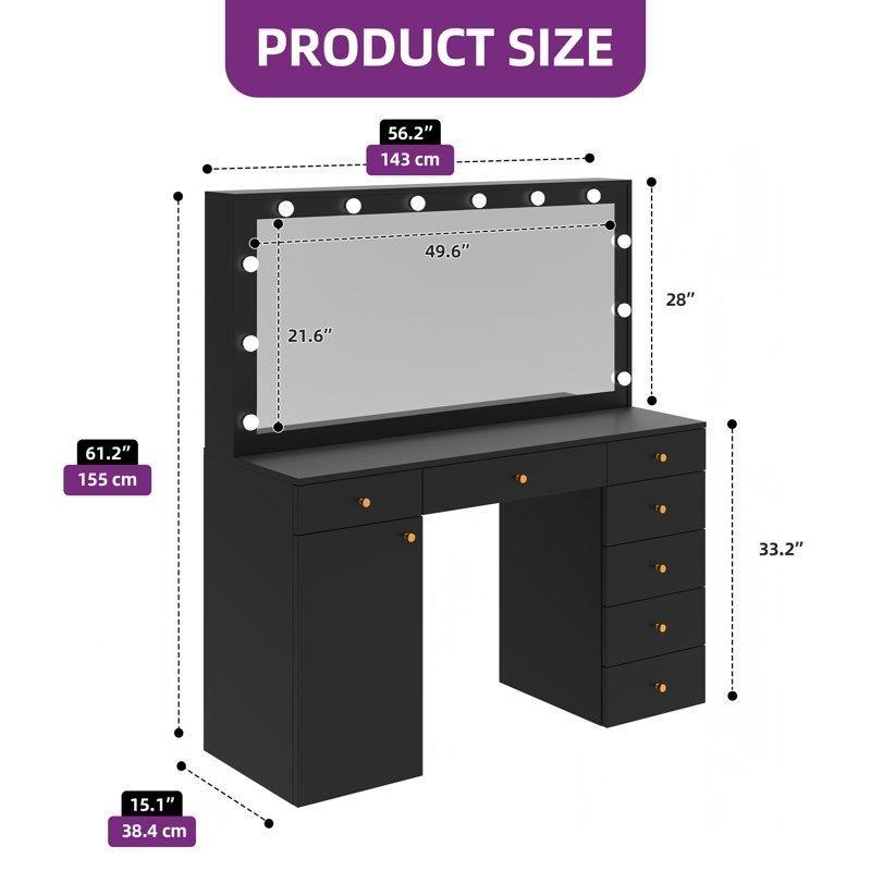 Siyah Ahşap 12 LED Işıklı Prizli 7 Çekmeceli Dolaplı Makyaj Masası - 143 cm - 121876
