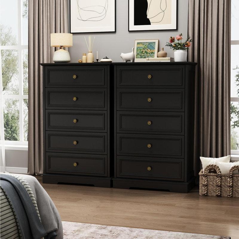 Siyah Ahşap 2'li Set 5 Çekmeceli Şifonyer - 70x112 cm - 122947