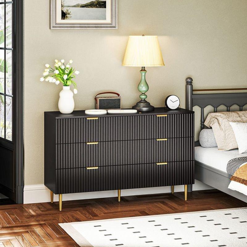 Siyah Ahşap 6 Çekmeceli Gold Metal Ayaklı Şifonyer - 120 x 40 x 77 cm - 123732