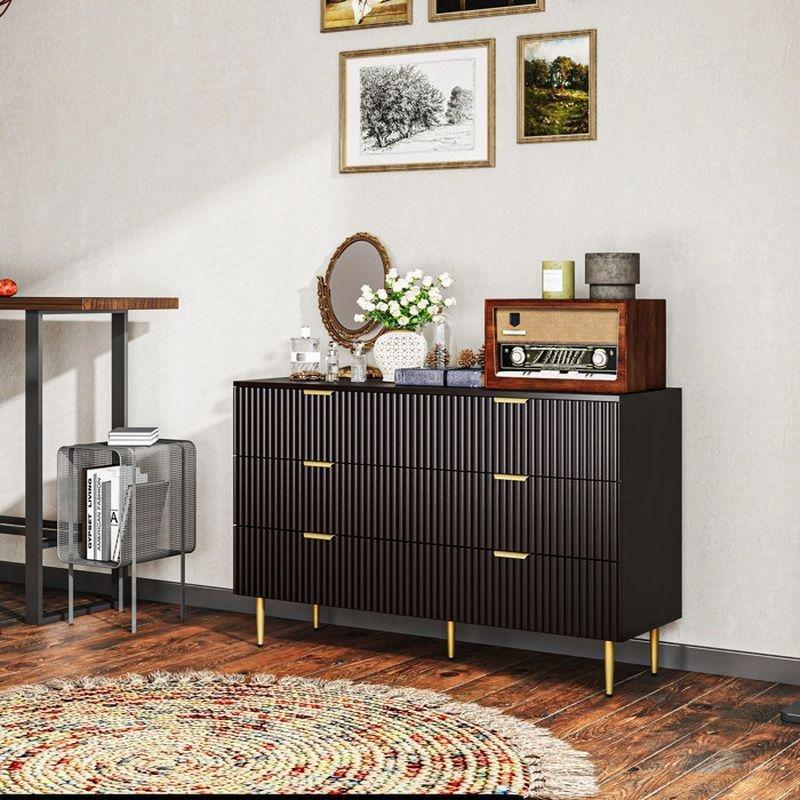 Siyah Ahşap 6 Çekmeceli Gold Metal Ayaklı Şifonyer - 120 x 40 x 77 cm - 123732