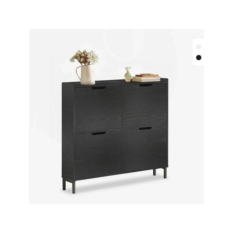 Siyah Ahşap Desenli MDF 4 Düşer Kapaklı Metal Ayaklı Ayakkabılık - 100x19x91 cm - 118771