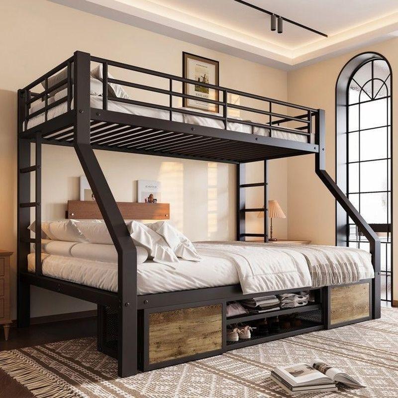 Siyah Ahşap Detaylı Metal Ayakkabılık ve Depolama Alanlı Geniş Alt Yataklı Ranza - 140x200 cm - 125377