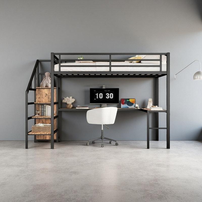Siyah Ahşap Detaylı Metal L Masalı Dolaplı ve LED Aydınlatmalı Çalışma Masalı Ranza - 250x160 cm - 124365