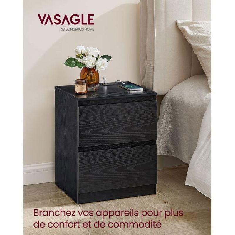 Siyah Ahşap Dokulu Priz ve USB Girişli İkili Komodin Seti - 40x35x49 cm - 127837