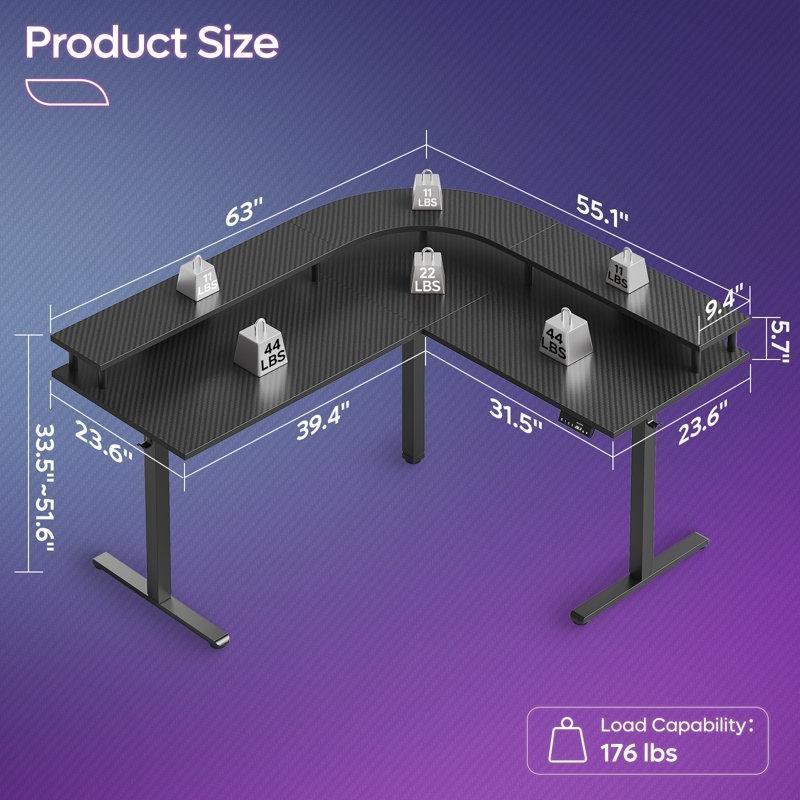 Siyah Ahşap Elektrikli Ayarlanabilir Yükseklikli L Şekilli Bilgisayar Masası-160x140x118 cm - 116433