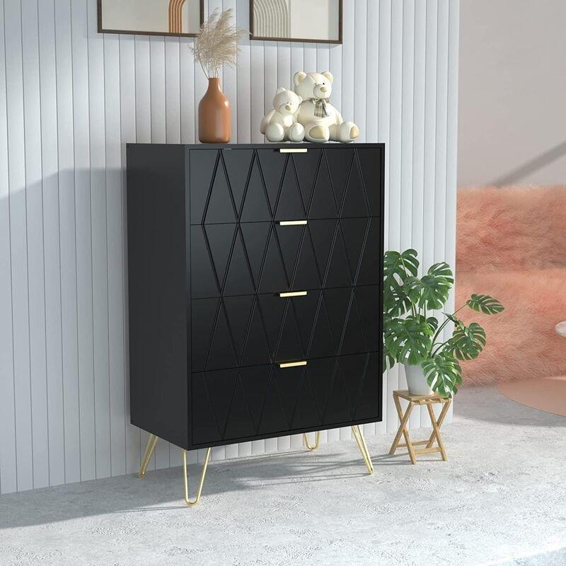 Siyah Ahşap Gold Detaylı Geometrik Desenli 4 Çekmeceli Şifonyer - 60x34x91 cm - 123217