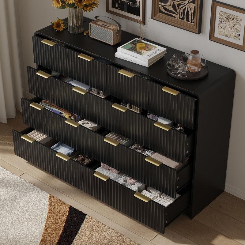 Siyah Ahşap Gold Kulplu Yivli Tasarım 10 Çekmeceli Şifonyer-140 cm - 122713