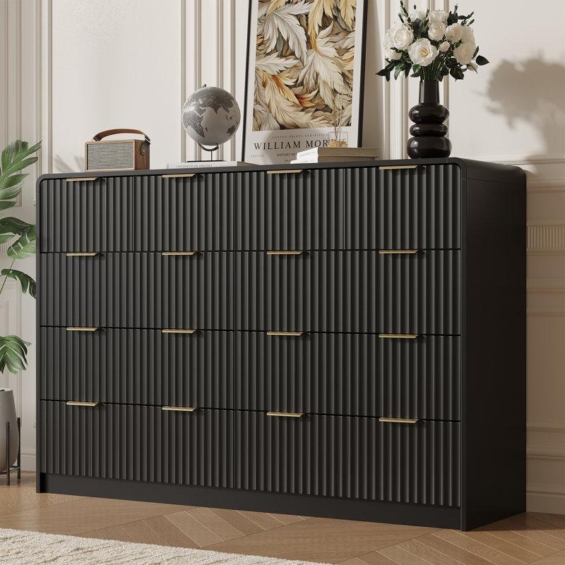 Siyah Ahşap Gold Kulplu Yivli Tasarım 10 Çekmeceli Şifonyer-140 cm - 122713