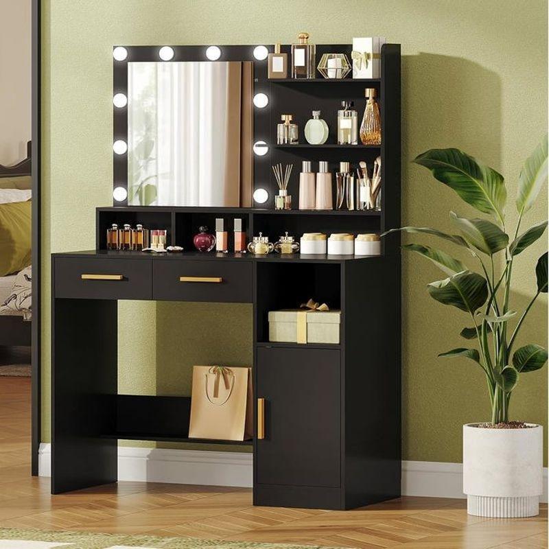 Siyah Ahşap Görünümlü 10 LED Işıklı Aynalı Çekmeceli ve Dolaplı Makyaj Masası - 90x40x140 cm - 122215