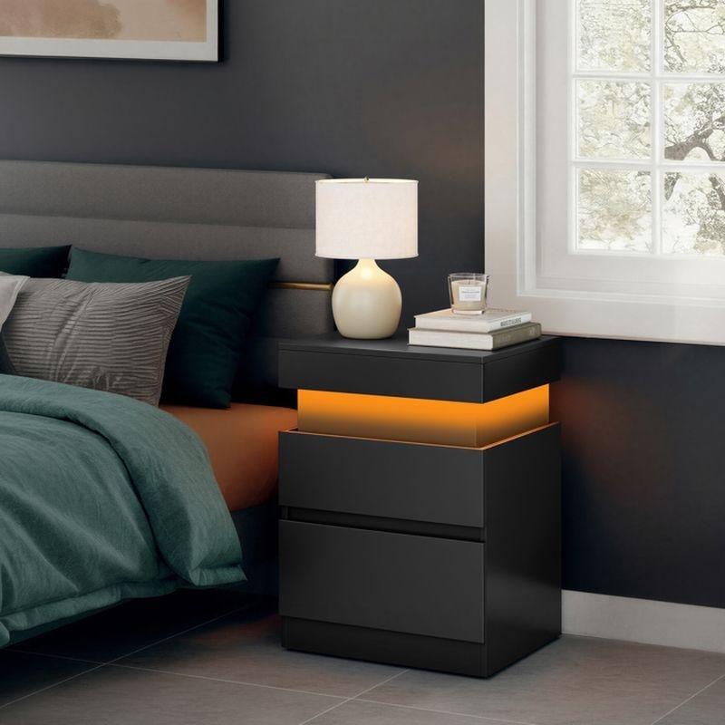 Siyah Ahşap LED Aydınlatmalı Prizli İkili Komodin - 40x35x55 cm - 127888