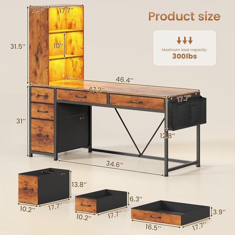 Siyah Ahşap Ledli Çekmeceli Raflı Bilgisayar Masası-159x120x45 cm - 116499