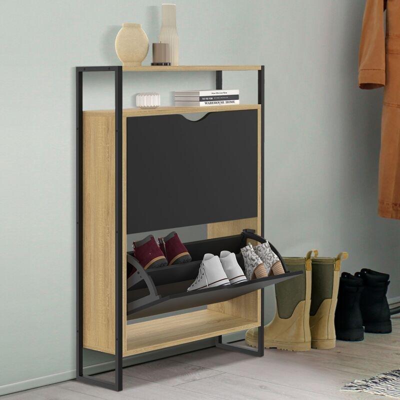 Siyah Ahşap Metal Gövde 2 Düşer Kapaklı Raflı Endüstriyel Ayakkabılık - 63x24x102 cm - 119103