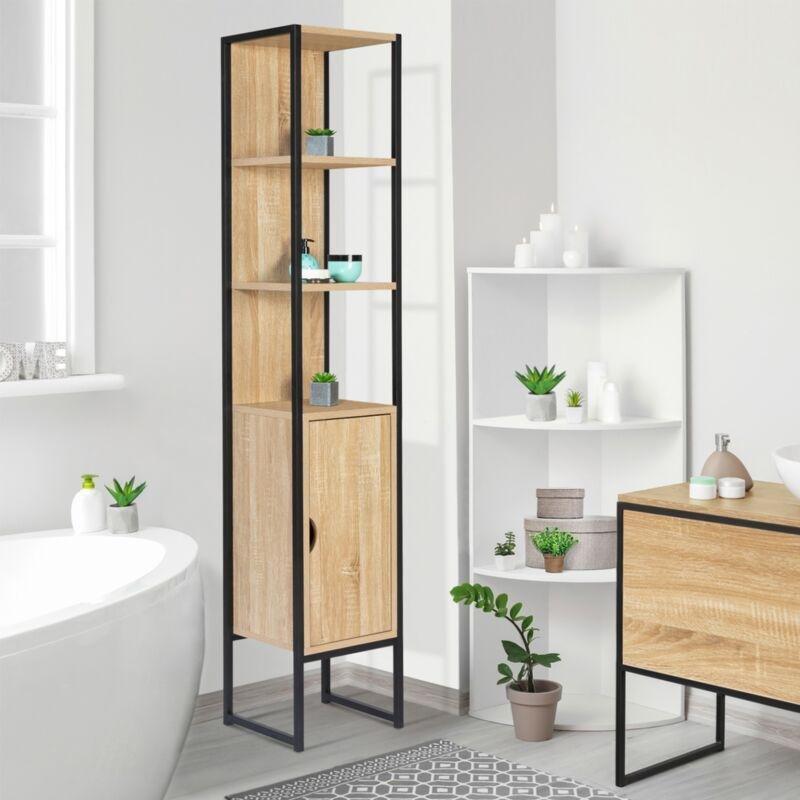 Siyah Ahşap Metal Raflı Banyo dolabı-30x30x170 cm - 113926