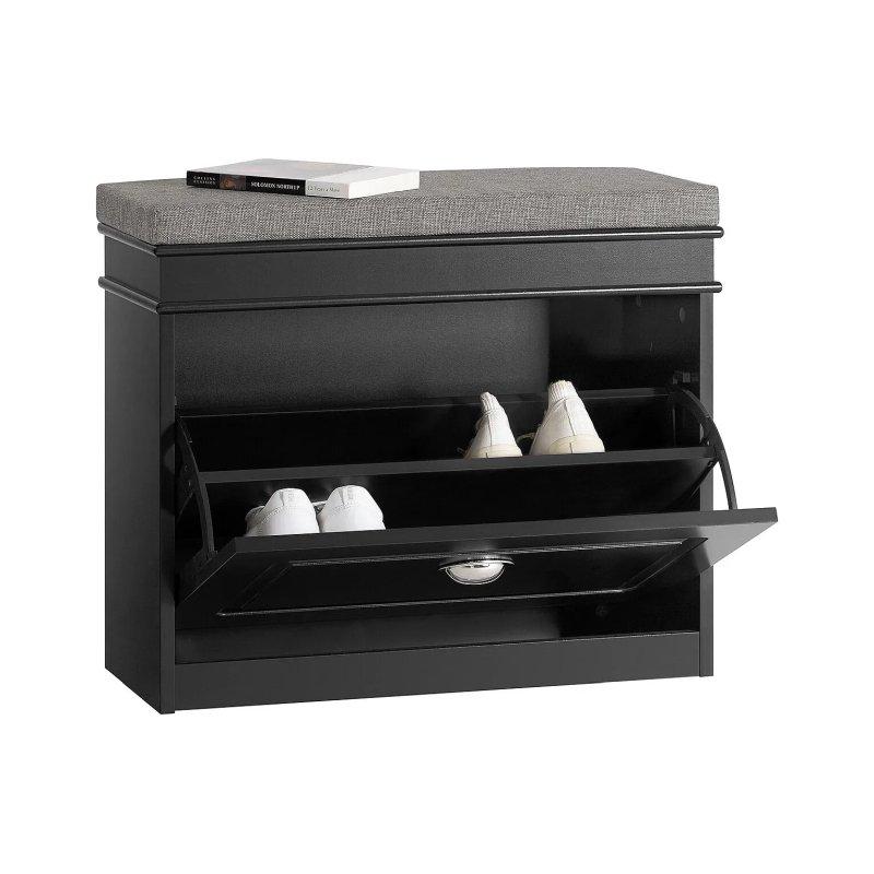Siyah Ahşap Minderli Düşer Kapaklı Ayakkabılık - 60x24x51 cm - 118324