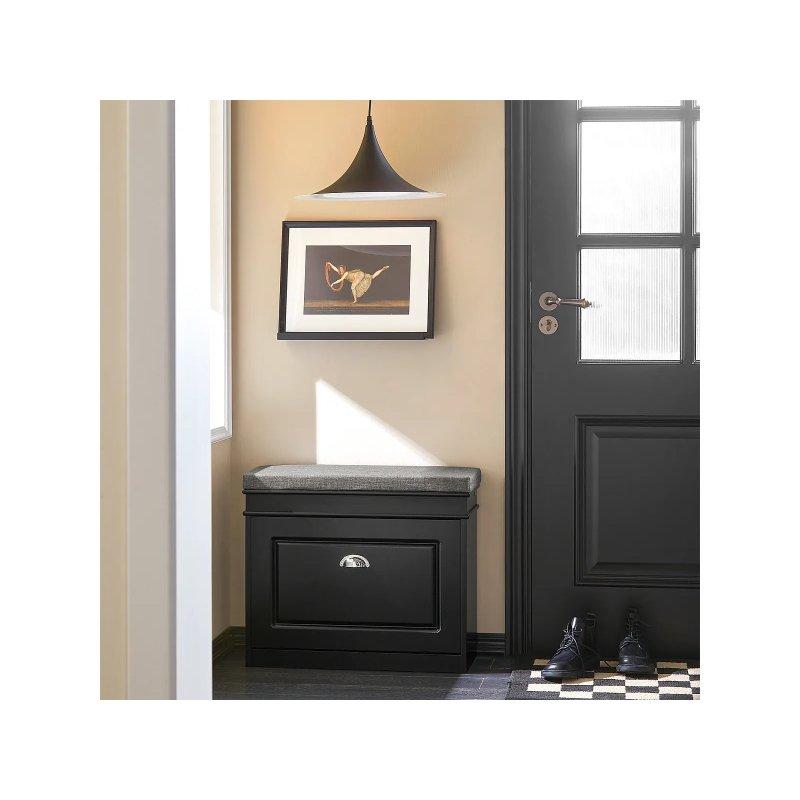 Siyah Ahşap Minderli Düşer Kapaklı Ayakkabılık - 60x24x51 cm - 118324