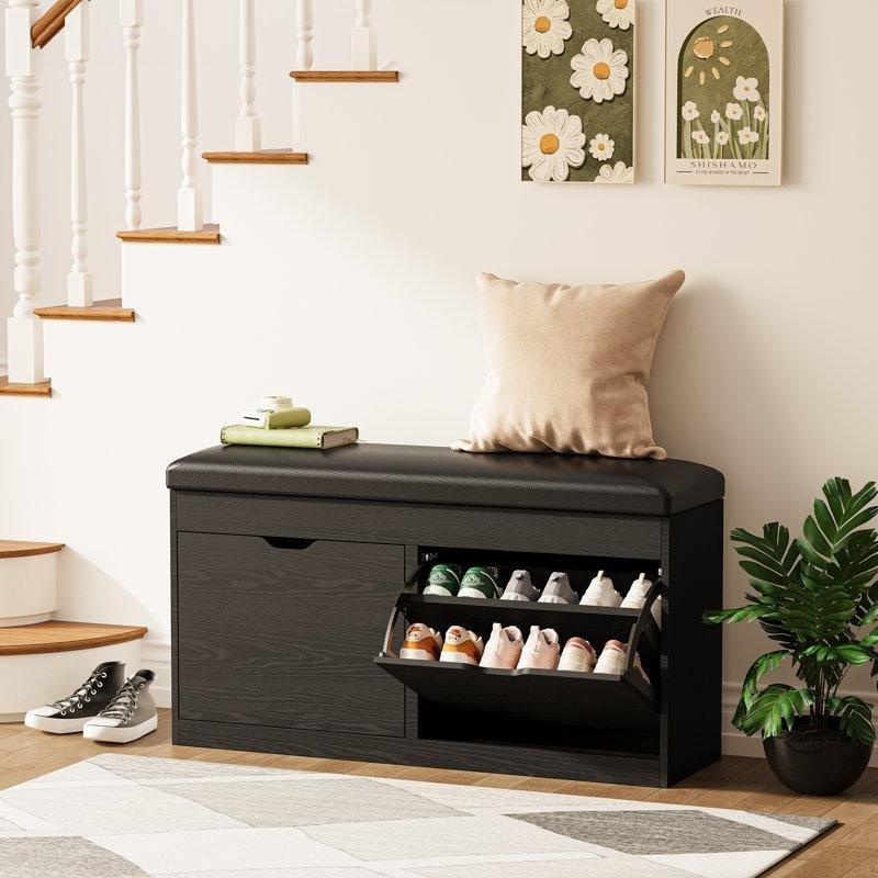 Siyah Ahşap Minderli Gizli Bölmeli Düşer Kapaklı Ayakkabılık Bench - 102x28x54 cm - 120619
