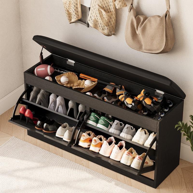 Siyah Ahşap Minderli Gizli Bölmeli Düşer Kapaklı Ayakkabılık Bench - 102x28x54 cm - 120619