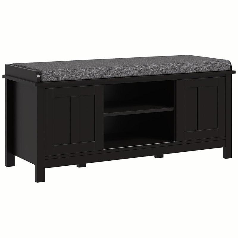Siyah Ahşap Minderli Sürgülü Kapaklı Ayakkabılık Bench - 112x41x51 cm - 120664