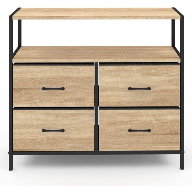 Siyah Ahşap Renk Metal İskeletli 4 Kumaş Çekmeceli Raflı Endüstriyel Şifonyer - 80x30x70 cm - 123391