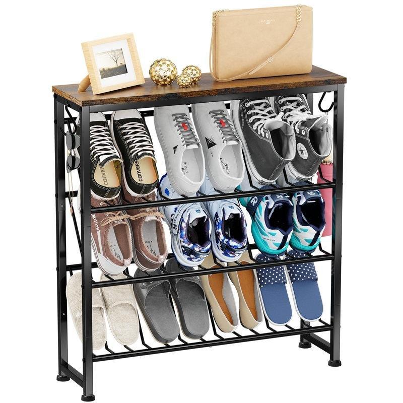 Siyah Ahşap Üst Tablalı 4 Katlı Eğimli Raflı Ferforje Ayakkabılık - 79x22x86 cm - 121102